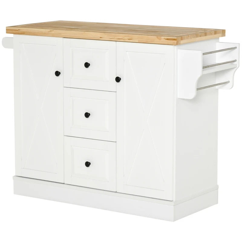 HOMCOM Rolling Kitchen Island with Storage, Kitchen Cart with Wood Top, 3 Drawers and 2 Barn Door Style Cabinet, Adjustable Shelves, Spice Rack, White