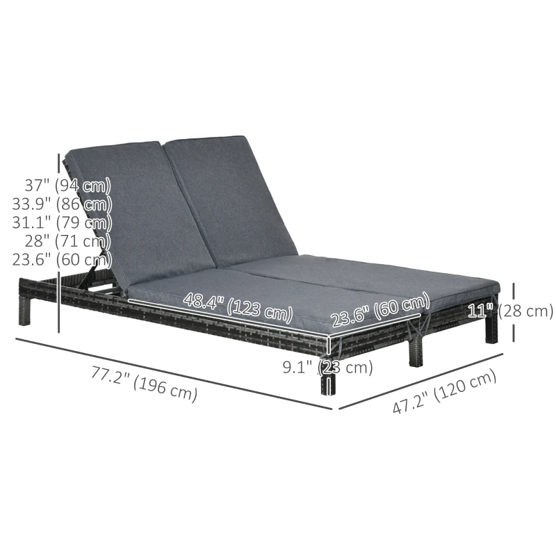 Outsunny Wicker Double Chaise Lounge Chair Outdoor Recliner 2 Person Rattan Patio Reclining Sunbed Furniture Cushioned w/Adjustable Backrest, Black, Grey