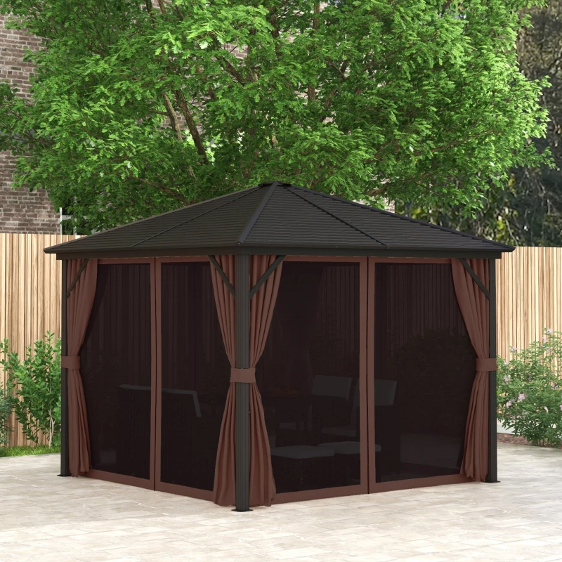Outsunny 10' x 10' Hardtop Gazebo Canopy, Permanent Pavilion with Hook, Curtains, Aluminum Frame for Patio, Garden, Dark Brown