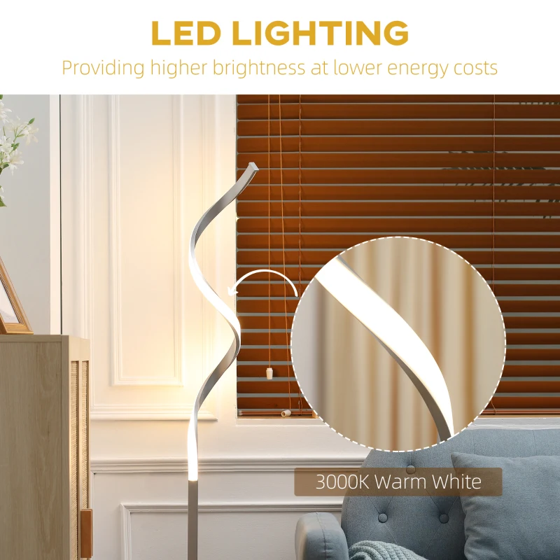 HOMCOM Modern Spiral Floor Lamp, LED Standing Lamp Warm White with Square Base and Foot Switch for Living Room, Bedroom, Set of 2, Silver