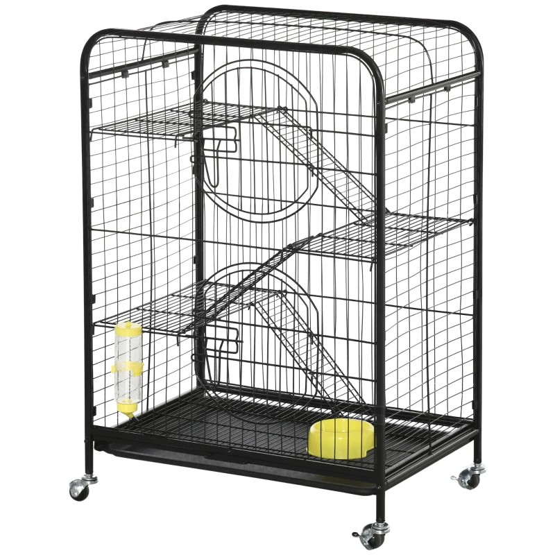 PawHut Rolling Small Animal Cage 36.6" Pet Rabbit Ferret Playpen, Animal Supply Kit Metal Black for Bunny, Pet Mink, Chinchilla