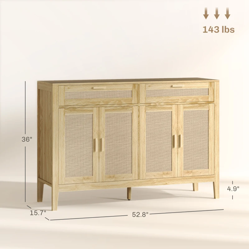 HOMCOM Kitchen Sideboard Cabinet, Boho Entryway Cabinet with Decorative Rattan Doors and Drawers for Dining Room, Oak