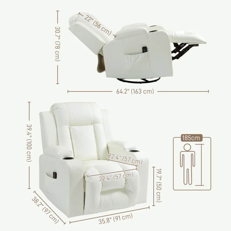 HOMCOM Swivel Massage Recliner Sofa, Overstuffed Manual Reclining Sofa, PU Leather Rocking Chair with Side Pockets, Cup Holders, for Living Room, Nursery, Cream White