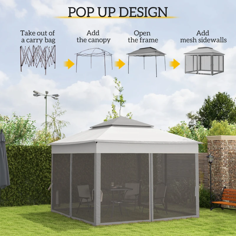 Outsunny 11' x 11' Pop Up Canopy 2-Tier Soft Top Shelter Event Tent w/ Netting Carry Bag for Patio Backyard Garden, Light Grey