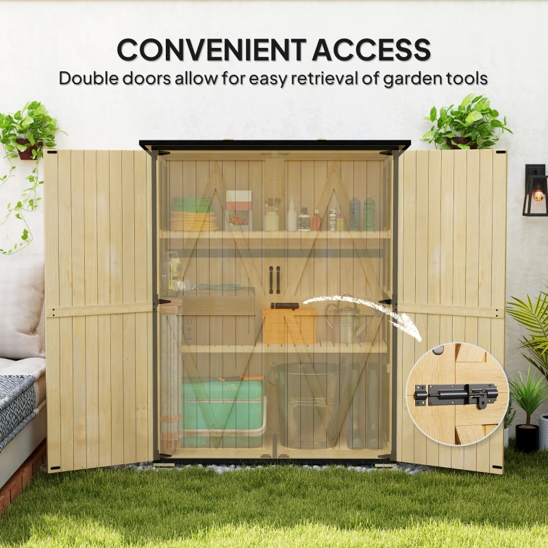 Outsunny Wood Storage Shed, Outdoor Garden Shed with Asphalt Roof, 2 Shelves, Lockable Doors and Adjustable Feet, Natural