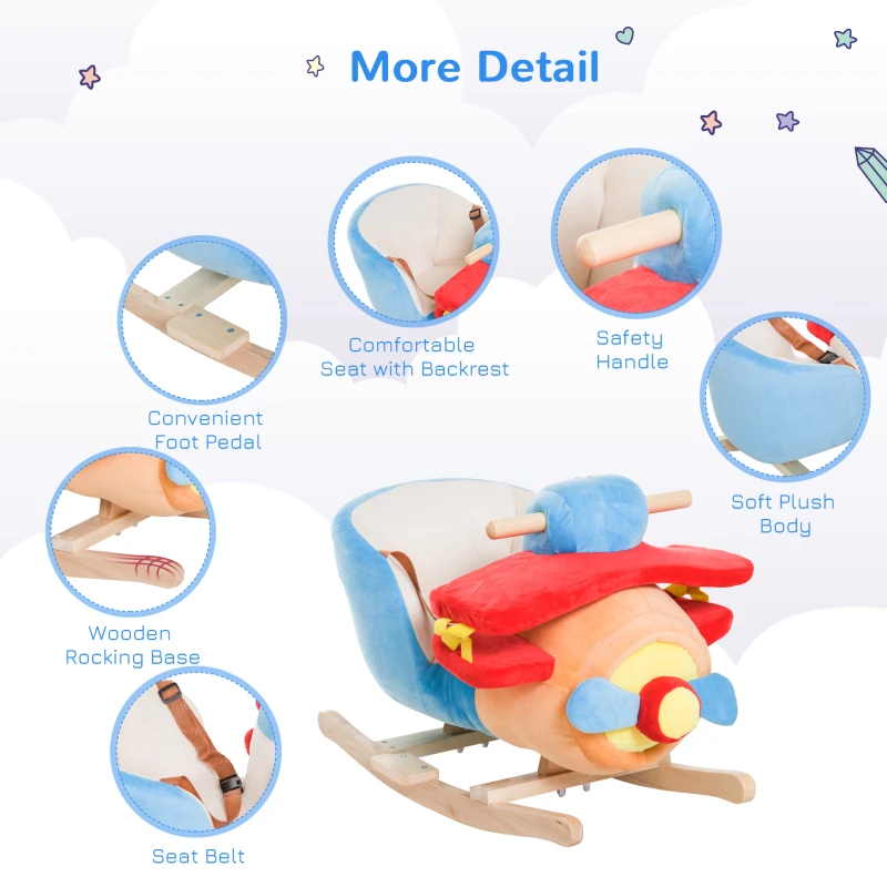 Qaba Kids Rocking Horse, Wooden Plush Ride-on Plane Chair Toy with Lullby Song and Seat Belt for 18 Month +