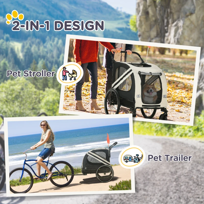 Aosom 2-in-1 Pet Bike Trailer for Small Dogs, Road-Visibility Dog Stroller Bicycle Carrier, Weather-Strong Bike Wagon Trailer Sidecar Attachment, White