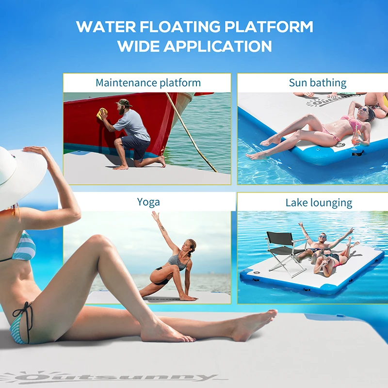 Outsunny 10 x 7ft Water Inflatable Floating Dock, Inflatable Platform Island, Large Floating Mat Raft with Air Pump & Backpack, for Pool, Beach, Ocean, White