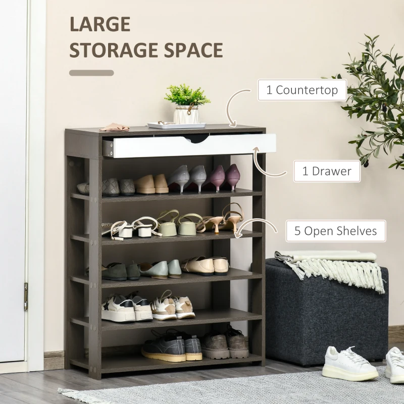 HOMCOM Shoe Rack, Free Standing Shoe Cabinet with Drawer and 5-tier Storage Shelf, Shoe Storage Organizer for Entryway, Grey