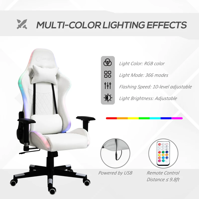 Vinsetto High Back Gaming Chair with RGB LED Lights, Adjustable Arms, and Lumbar Support, Racing Office Computer Chair with Head Pillow, White / Black