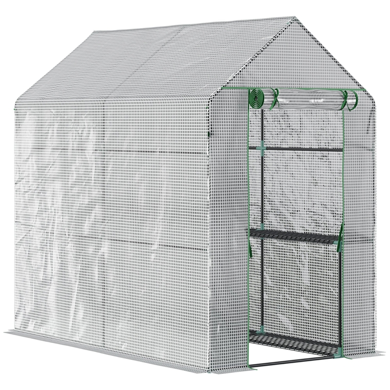 Outsunny 47.25" x 73.25" x 74.25" Walk-in Greenhouse, Outdoor Portable Green House with 4 Shelves, Plant Flower Growing Warm House with Roll-up Door, White