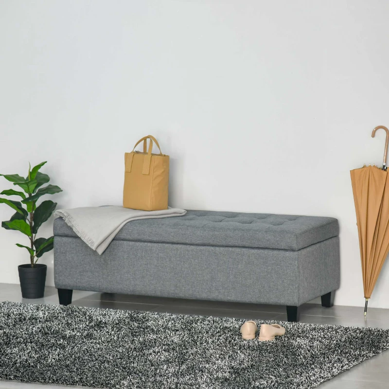 HOMCOM 50" Storage Ottoman Bench, Upholstered Ottoman Foot Rest with Linen Fabric and Soft Close Lid for Entryway, Gray
