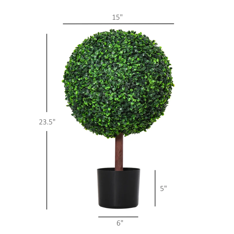 Outsunny 23.5" Artificial Boxwood Topiary Ball Tree, Fake Decorative Plant, Nursery Pot Included for Home, Balcony, Backyard and Garden, Set of 2, Green
