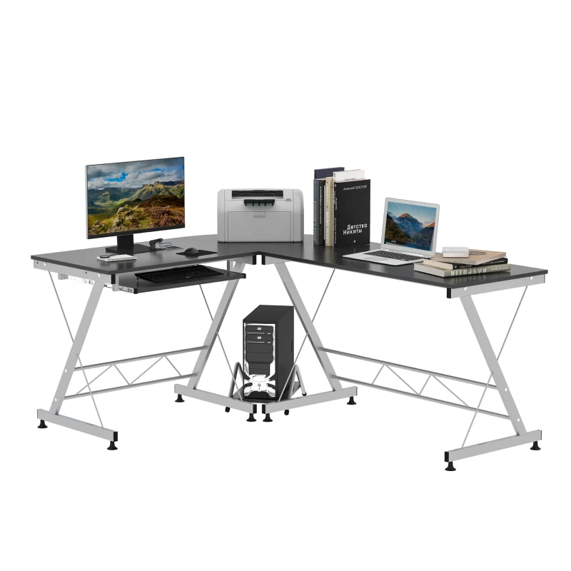 HOMCOM L-Shaped Computer Desk, Corner Table with Keyboard Tray for PC Laptop Desktop, Workstation Stand Home Office Furniture