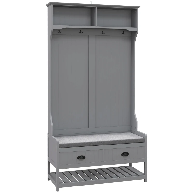HOMCOM 3-in-1 Hall Tree, Entryway Bench with Coat Rack, Mudroom Bench with Shoe Rack, 2 Storage Drawers, 4 Hooks and Padded Seat Cushions for Hallway, Gray