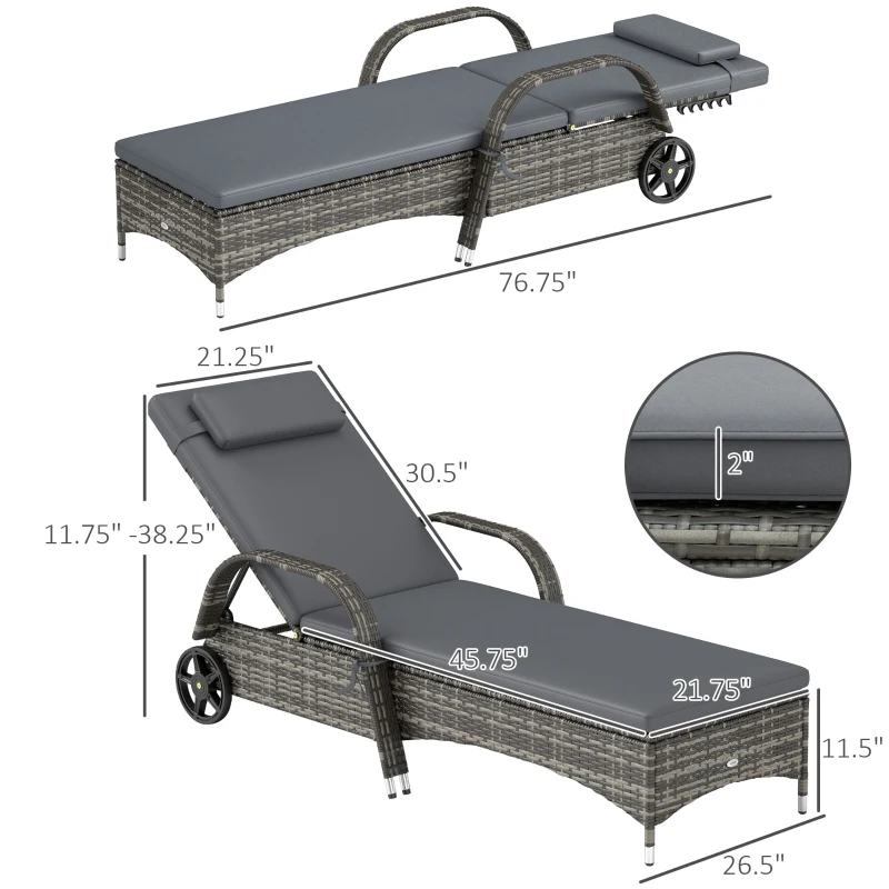 Outsunny 2 Reclining Chaise Lounge Chairs, Rolling Outdoor Chairs with Cushion, Pillow, Headrest, Armrests, and Wheels, Gray