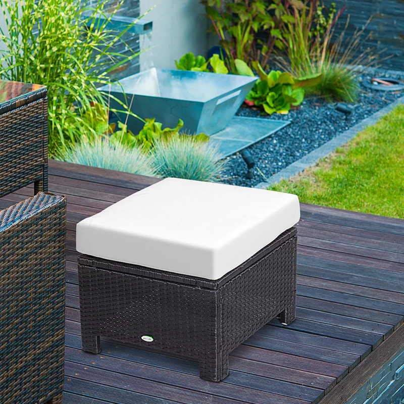 Outsunny Patio Rattan Ottoman, Outdoor Wicker Footrest with Soft Cushion, Metal Frame for Backyard, Garden, and Poolside, White