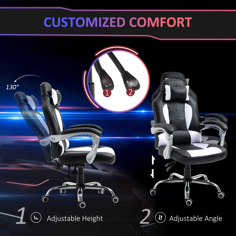 HOMCOM High Back Office Chair, Executive Racing Gaming Chair, Adjustable Recliner with Removable Headrest Pillow for Office, White and Black