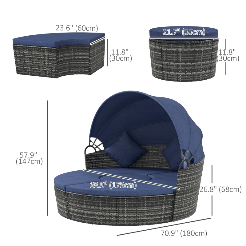 Outsunny 4 Pieces Outdoor Daybed with Retractable Canopy, Wicker Round Sofa Day Bed, Conversation Furniture Set, Dark Blue
