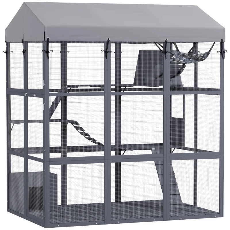 PawHut 81"H Catio Outdoor with Floor to Prevent Escaping & Easy Cleaning, for 2-4 Cats Kittens, Grey