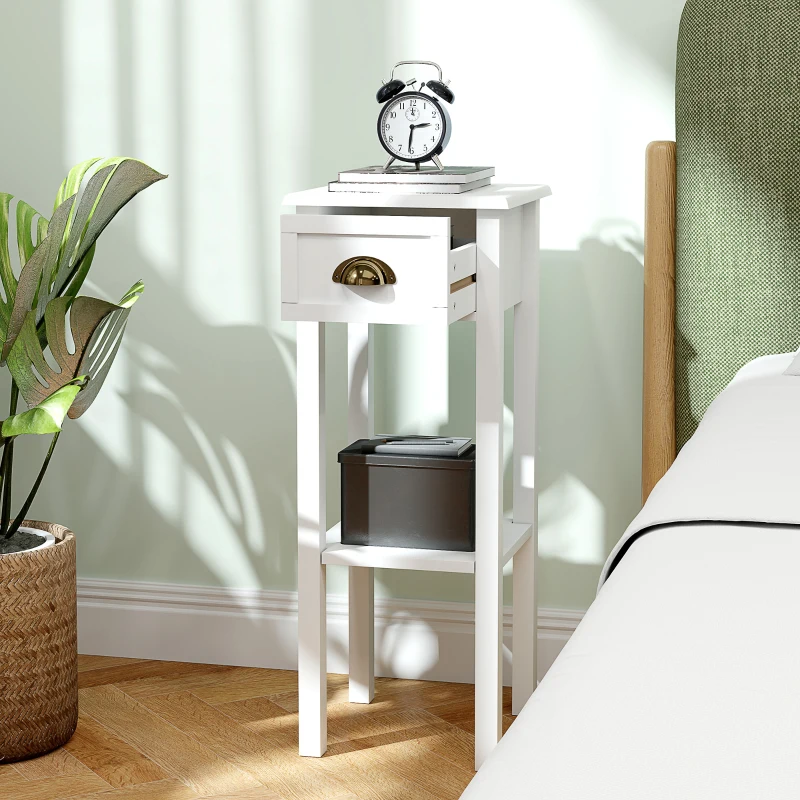 HOMCOM 2-Tier Side Tables Set of 2 with Drawer and Shelf, 2 Pieces End Tables for Living Room and Hallway, White