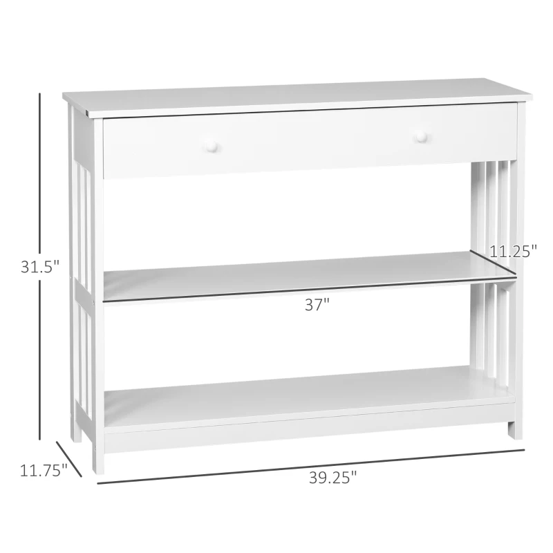 HOMCOM Console Hallway Table with Extra Wide Pull Out Drawer, 2 Open Shelves and Slatted Wood Frame Design, White