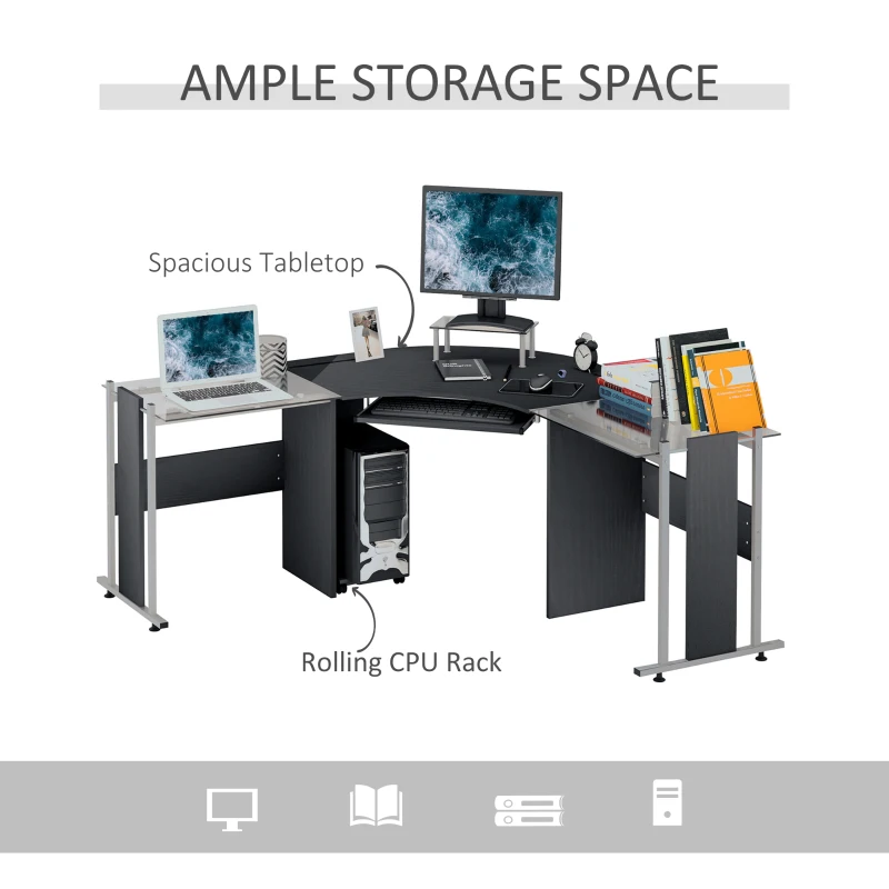 HOMCOM 69" Modern L-Shaped Tempered Glass Office Computer Desk with Elevated Monitor Stand, Rolling CPU Holder, Pull Out Keyboard Tray and Steel Frame, Black
