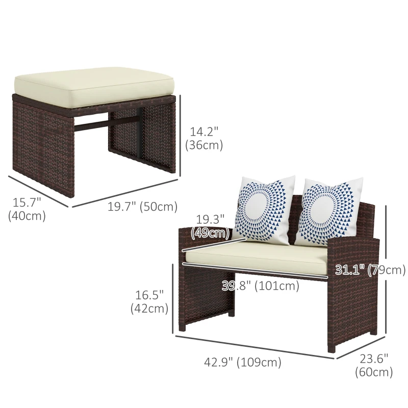 Outsunny 3 Pieces PE Rattan Patio Furniture with Cushions, Outdoor Wicker Conversation Sofa Sets w/ Footstools and Two Pillows, for Poolside, Backyard, Garden, Beige