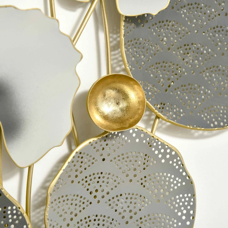 HOMCOM 3D Metal Wall Art Set of 2 Modern Lotus Leaves Hanging Wall Sculpture Home Decor for Living Room Bedroom Kitchen 20"x32"x2, Gray and Gold