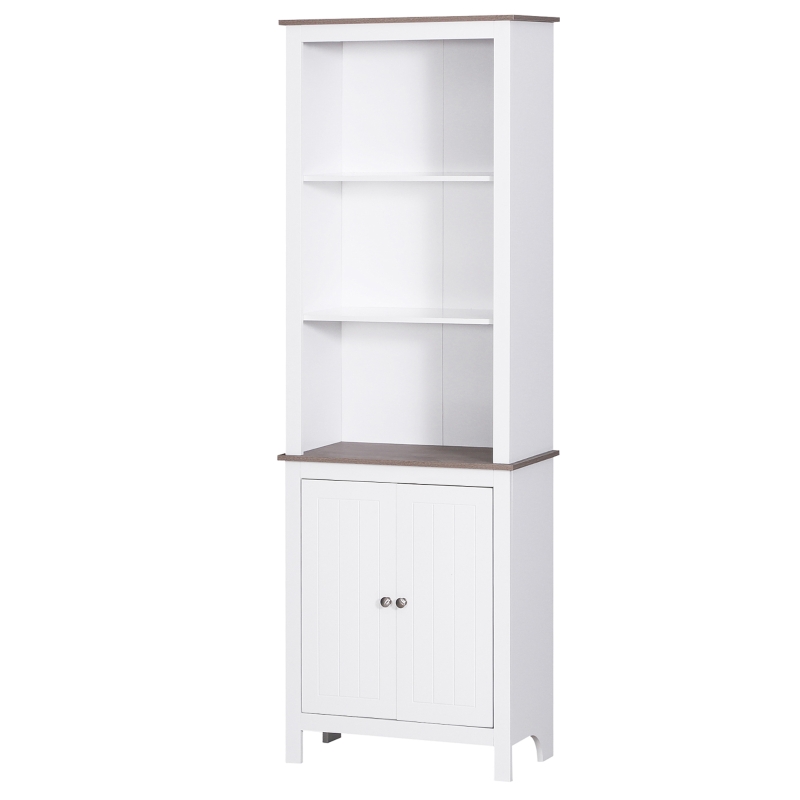 HOMCOM 69" Tall Bathroom Storage Cabinet, Bookcase with 3 Open Compartments and Double Door Cupboard, White