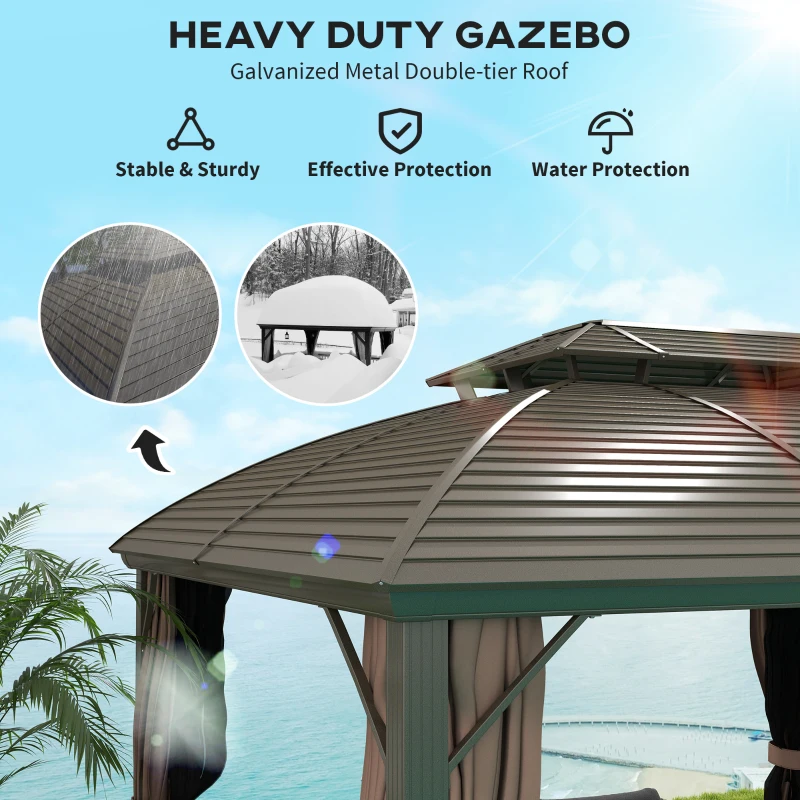 Outsunny 10' x 12' Hardtop Gazebo Canopy with Double Roof, Netting and Curtains for Garden, Backyard, Deck, Coffee