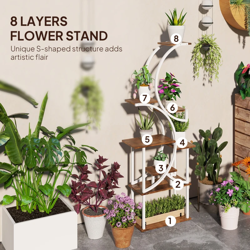 Outsunny Plant Stand Indoor, 8 Tier 62" S-Shaped Plant Shelf, Corner Plant Rack for Multiple Plants, Carbonised Finish
