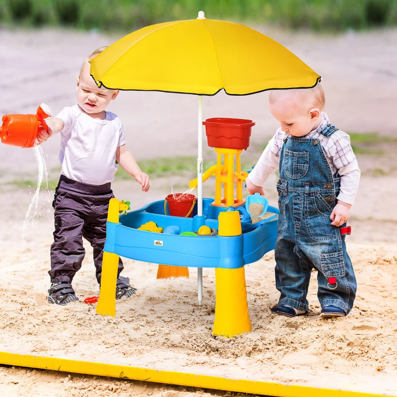 Qaba 2-in-1 Covered Sandbox Table with Umbrella for Outdoors and Indoors, 25-Piece Sand and Water Table for Toddlers, Little Kids Toys