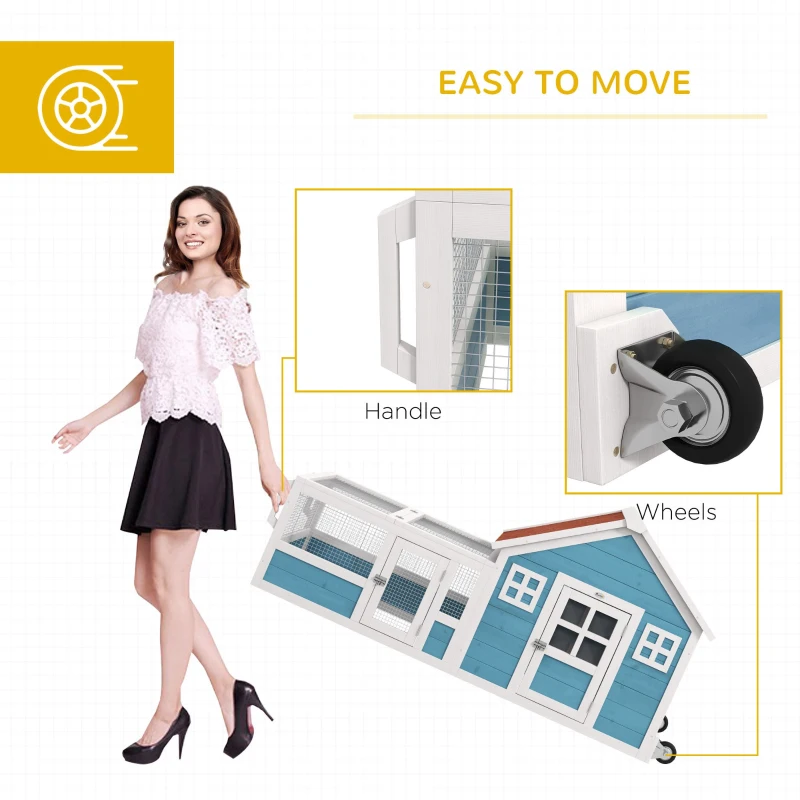 PawHut Rabbit Hutch Outdoor with Asphalt Roof, Handle, Wheels, 64" x 23.3" x 30.6", for Small Animals, Blue