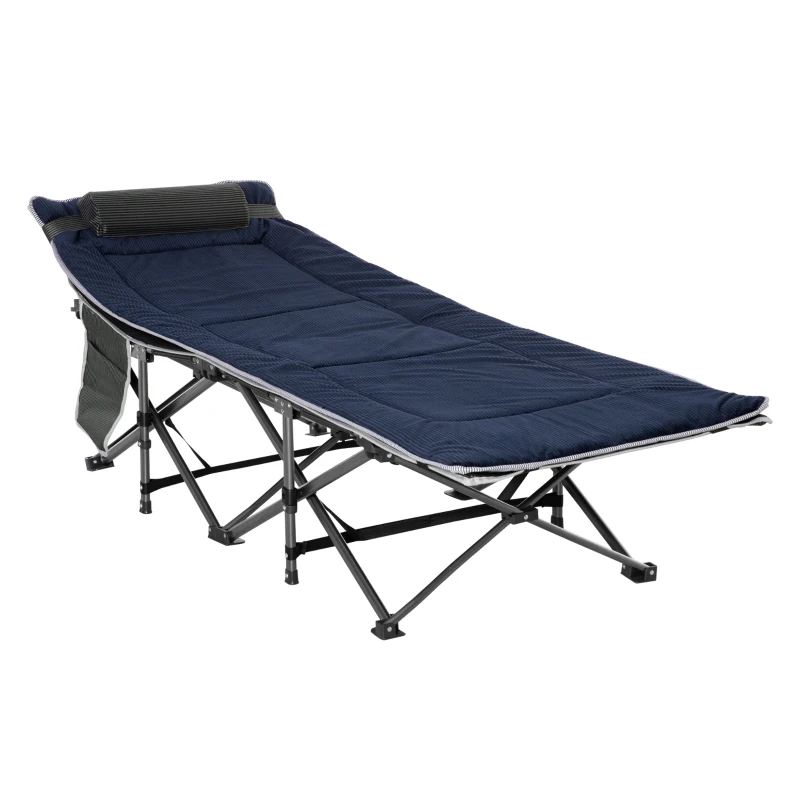Outsunny Folding Camping Cot with Mattress & Pillow, Double Layer Oxford Heavy Duty Sleeping Cot with Carry Bag Grey and Blue