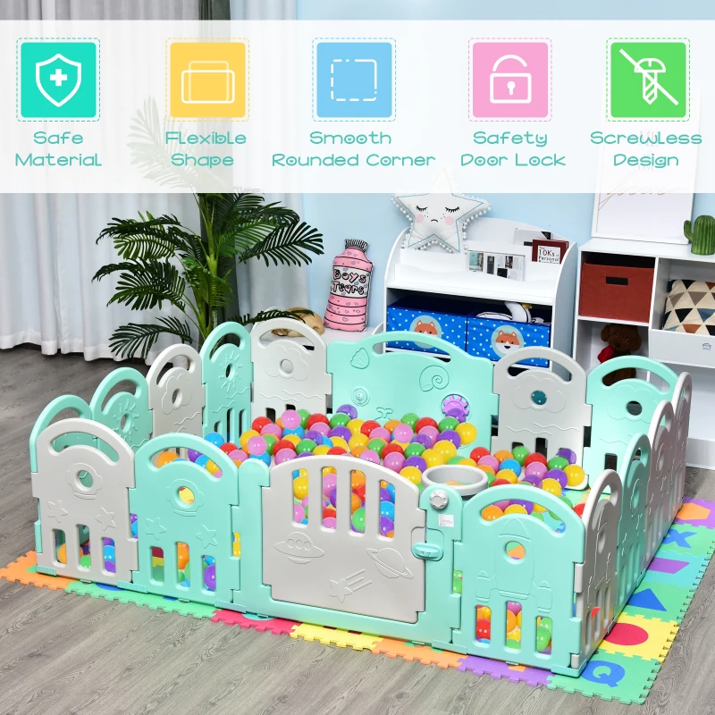 Qaba Baby Enclosure, 16 Panels Baby Playpen Baby Play Yard, Indoor & Outdoor Kids Activity Center, Green
