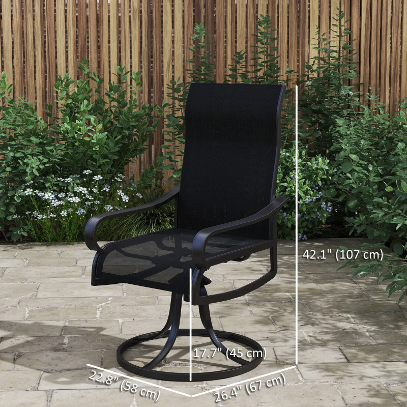 Outsunny 2-Piece Swivel Patio Dining Chairs, 360° Swivel Rocking Outdoor Chairs with Curved Armrests, Breathable Mesh Seat & S Shape Backrest for Yard, Lawn, Porch, Black