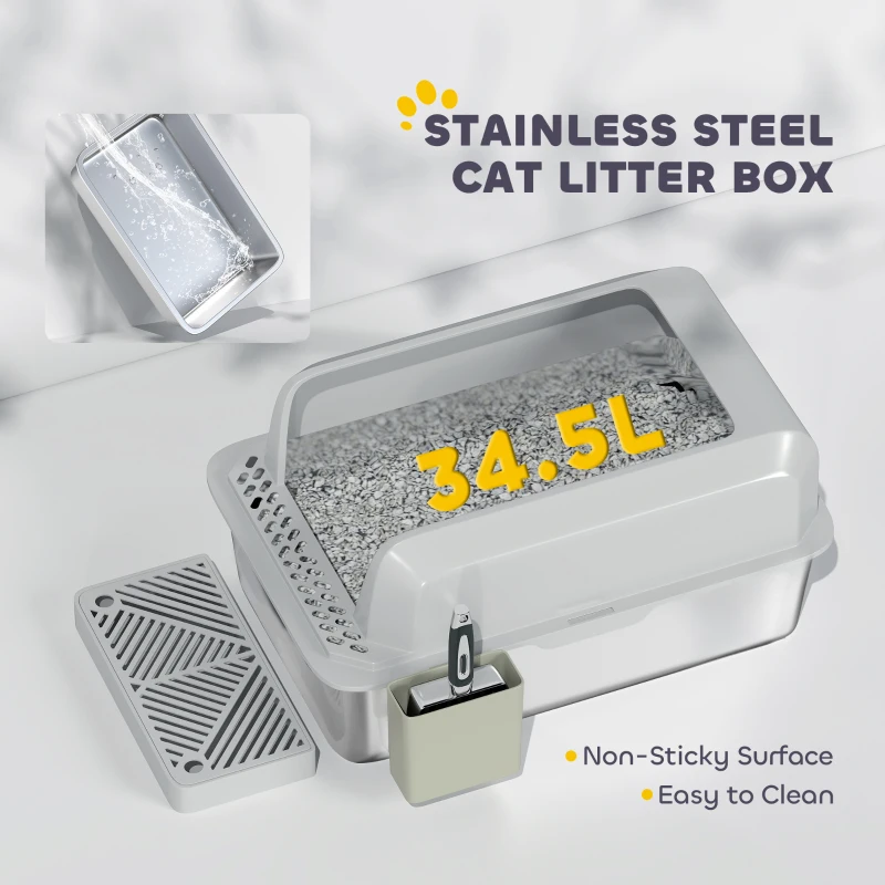 PawHut Stainless Steel Litter Box with Metal Scoop & Scoop Holder, High Sided, Anti-Urine Leakage, Non-Sticky