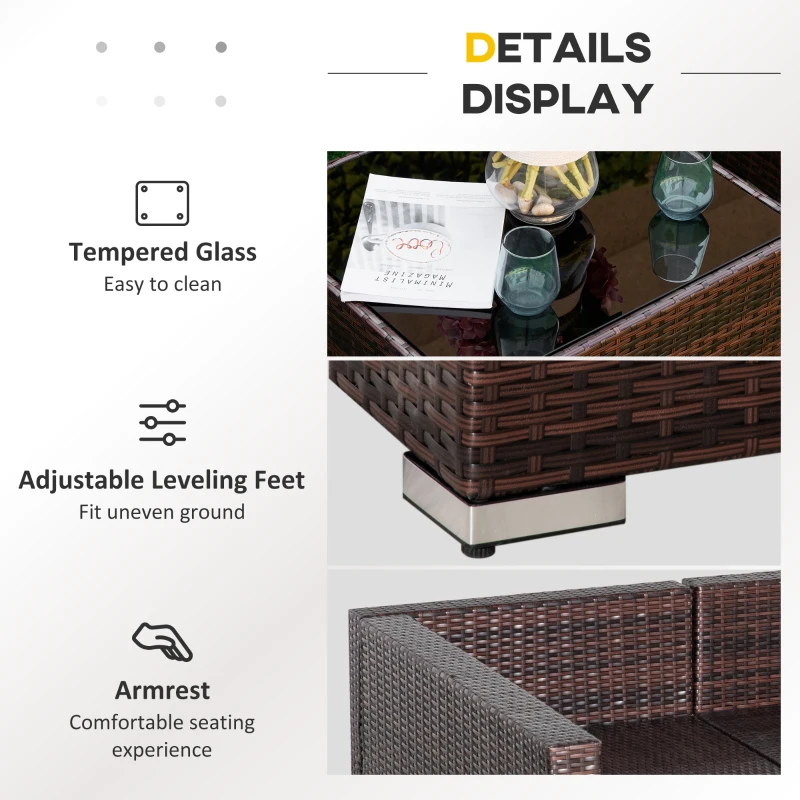 Outsunny 4-Piece Patio Furniture Sets Outdoor Wicker Conversation Set PE Rattan Sectional sofa set with Tempered Glass Coffee Table and Cushions for Backyard and Garden, Brown