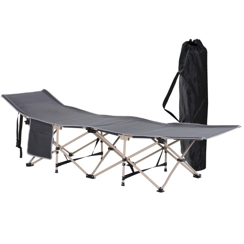 Outsunny Folding Camping Cot for Adults with Carry Bag, Side Pocket, Outdoor Portable Sleeping Bed for Travel Camp Vocation, Grey