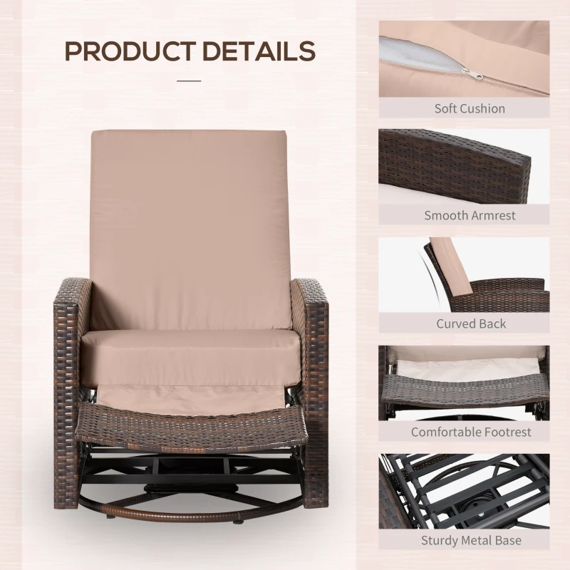 Outsunny Outdoor Wicker Swivel Recliner Chair, Reclining Backrest, Lifting Footrest, 360° Rotating Basic, Water Resistant Cushions for Patio, Khaki