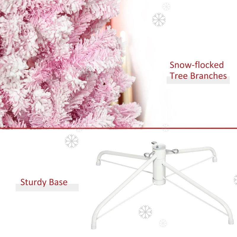 HOMCOM 7.5ft Tall Unlit Snow Flocked Artificial Christmas Tree Slim Pencil Xmas Tree with Pine Shape and Realistic Branches, Pink