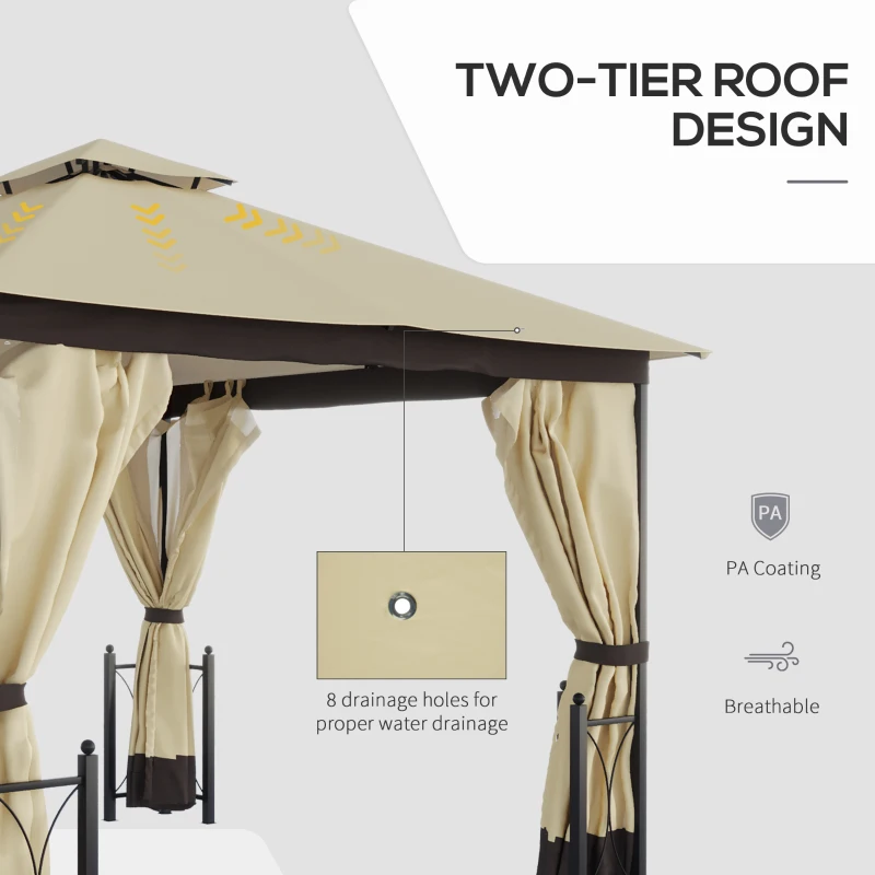 Outsunny 11' x 13' Patio Gazebo, Double Roof Outdoor Gazebo Canopy Shelter with Netting & Curtains, Steel Corner Columns for Garden, Lawn, Backyard and Deck, Beige
