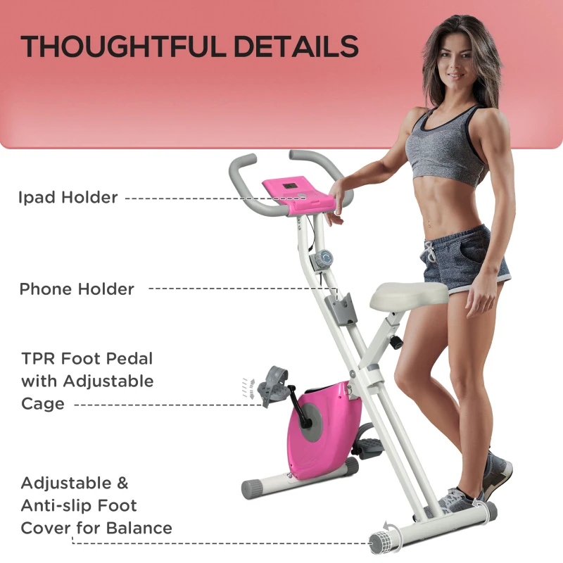 Soozier Foldable Exercise Bike Indoor Stationary Bike w/ 8-Level Magnetic Resistance LCD Screen Phone Holder for Home Gym Pink
