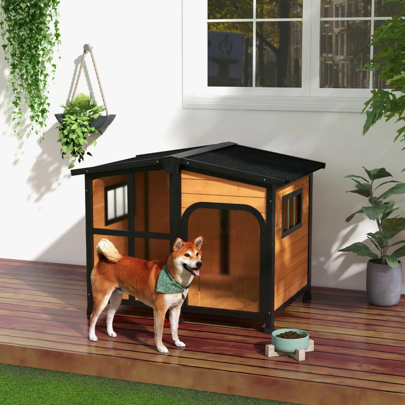 PawHut Cabin-Style Wooden Dog House for Large Dogs with Openable Roof & Giant Window, Yellow