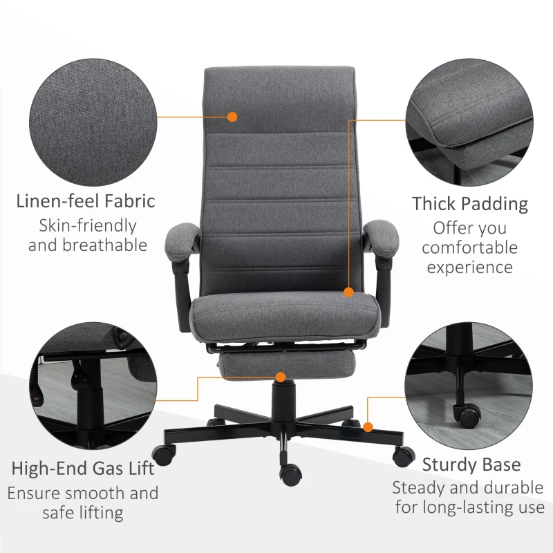 Vinsetto Computer Desk Chair, High-Back Office Chair, Reclining Chair with Adjustable Height, Footrest and Swivel Wheels, Grey