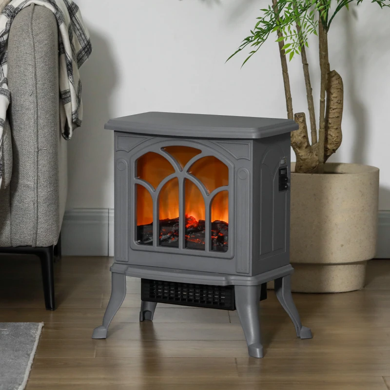 HOMCOM Electric Fireplace Heater, Freestanding Fireplace Stove with Realistic Logs and Flame Effect, 750W/1500W, Gray