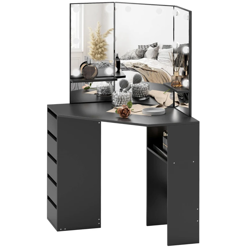 HOMCOM Makeup Vanity Table with 3-Panel Mirror and 10 LED Lights, Dressing Table with 5 Drawers and Shelves for Bedroom, Black