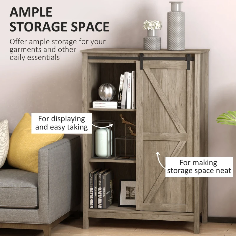 HOMCOM Accent Storage Cabinet, Sideboard, 3-Tier Kitchen Cabinet with Barn Door and Adjustable Shelf, Antique Gray