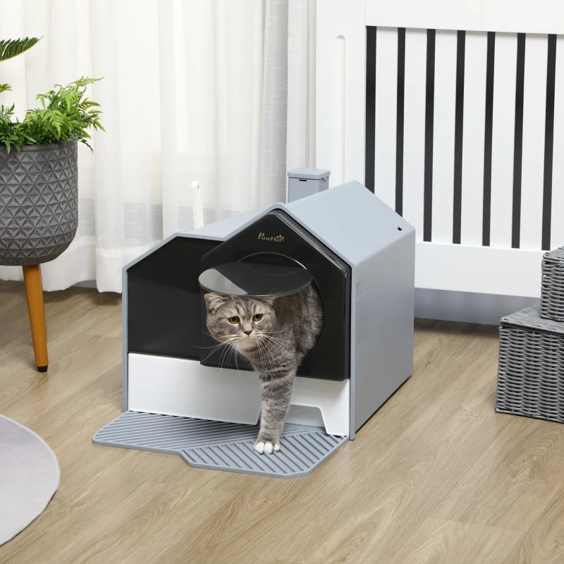 PawHut Hooded Cat Litter Box w/ Litter Mat, Litter Particle Catching, Gray